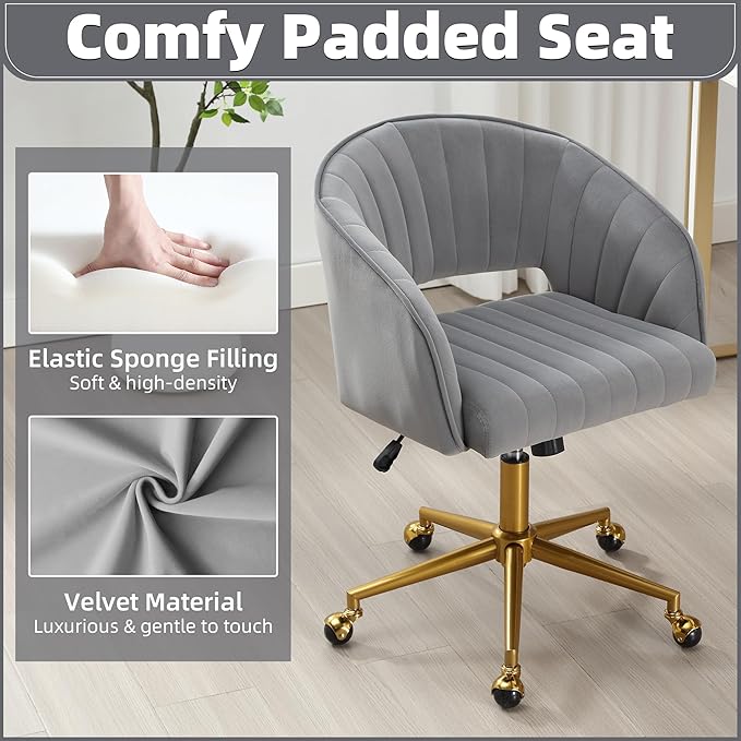 ABET Desk Chair with Wheels, Velvet Home Office Chair, Swivel Armchair Gold Base, Upholstered Modern Accent Chairs, Back Incline Adjustable for Living Room Bedroom Vanity, Grey