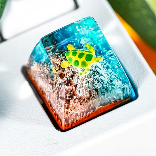 Sea Turtle Artisan Keycap Brown and Blue Coral R1 SA Profile Custom Sea Creatures Keycaps 1U ESC Handmade Gaming Resin Key Cap Cherry MX Switch Compatible Mechanical Keyboard Turtle Lover Gift