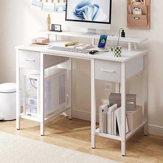 White Computer Desk with Drawers, 42 Inch Home Office Desk Study Writing Table, Gaming Desk with USB Power Outlets, Office Desk with Fabric Drawer, Work Table with Shelf for Bedroom, White