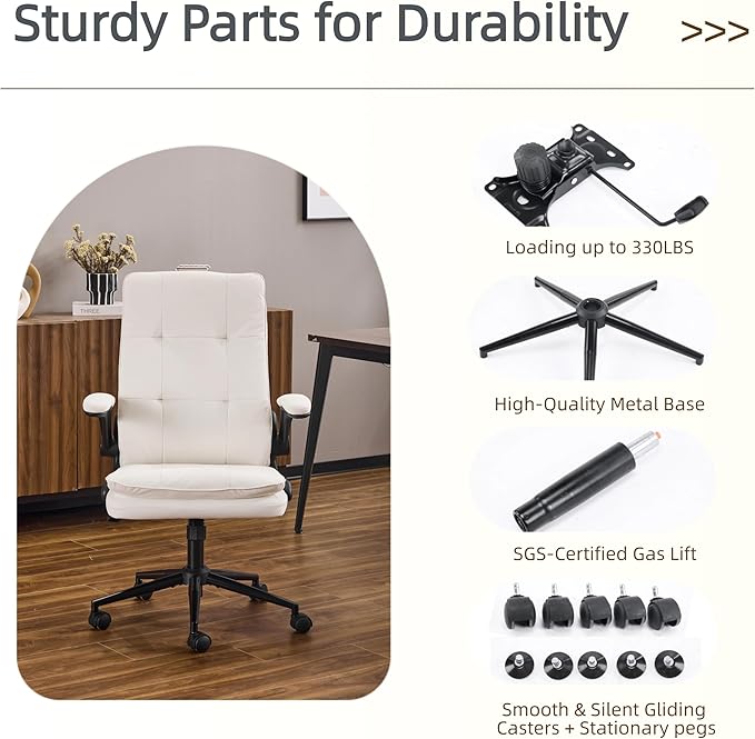 VINGLI Comfy White Leather Office Desk Chair, High-Back Support Ergonomic Computer Task Gaming Chair,with Removable wheels,360° Swivel,Adjustable Height,Flip-Up Arms,for Adults,Teen,Vanity,Home Office