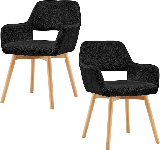 Mid Century Modern Dining Chairs Set of 2 & 4 & 6 Comfy Accent Chair Upholstered Kitchen Dining Living Room Chairs for Bedrooms Waiting Room Home Arm Desk Chair No Wheels (Wool Black, 2)