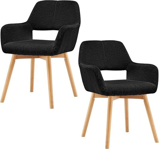 Mid Century Modern Dining Chairs Set of 2 & 4 & 6 Comfy Accent Chair Upholstered Kitchen Dining Living Room Chairs for Bedrooms Waiting Room Home Arm Desk Chair No Wheels (Wool Black, 2)