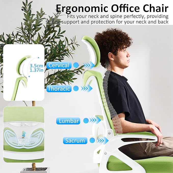 Fizzin Ergonomic Office Chair,Ergonomic Desk Chair with Headrest Mesh Computer Chair with High Back Adjustable Lumbar Support, Rolling Swivel Chairs with Wheel Armrests for Home Office (Green)