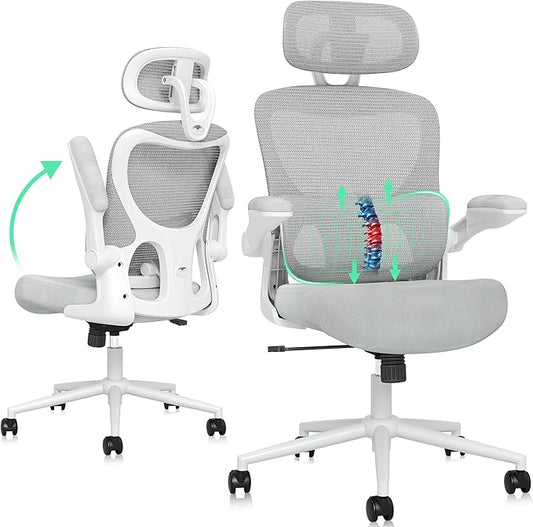 SUNNOW Ergonomic Office Chair, Comfy Mesh Desk Chair, High Back Computer Gaming Chairs with Adjustable Lumbar Support, Flip-Up Arms, Headrest, Tilt Function, Wide Cushion, Swivel Wheel, BIFMA Quality