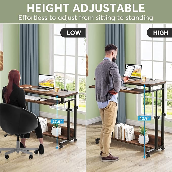 Tribesigns Portable Desk for Sofa and Bed, Height Adjustable Laptop Table Small Standing Desk Rolling Computer Cart with Keyboard Tray on Wheels for Home Office