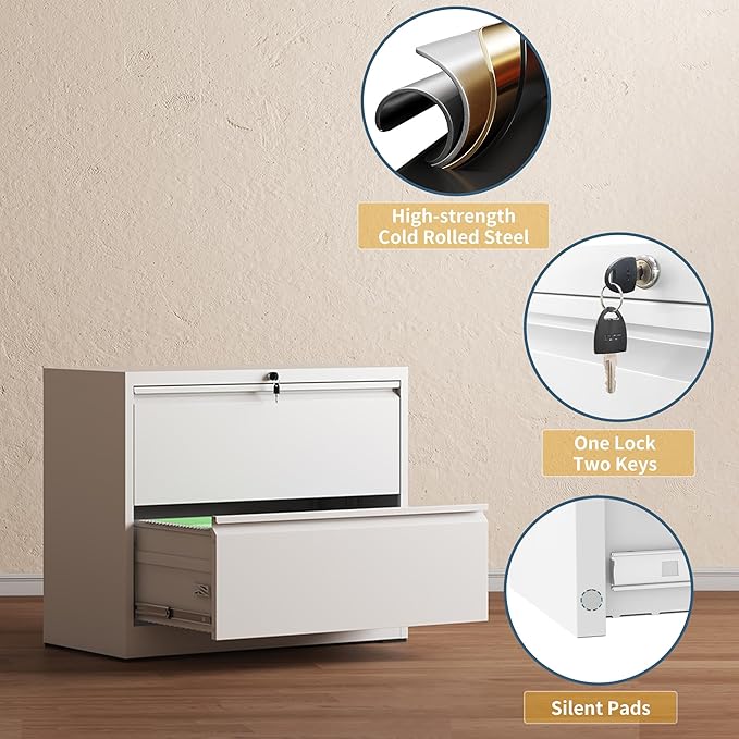 2 Drawer File Cabinet with Lock, Lateral Filing Cabinets,Metal Storage Filing Cabinets for Home Office, Heavy Duty File Cabinet for Letter/Legal/A4/F4 Size Amssebly Required, White