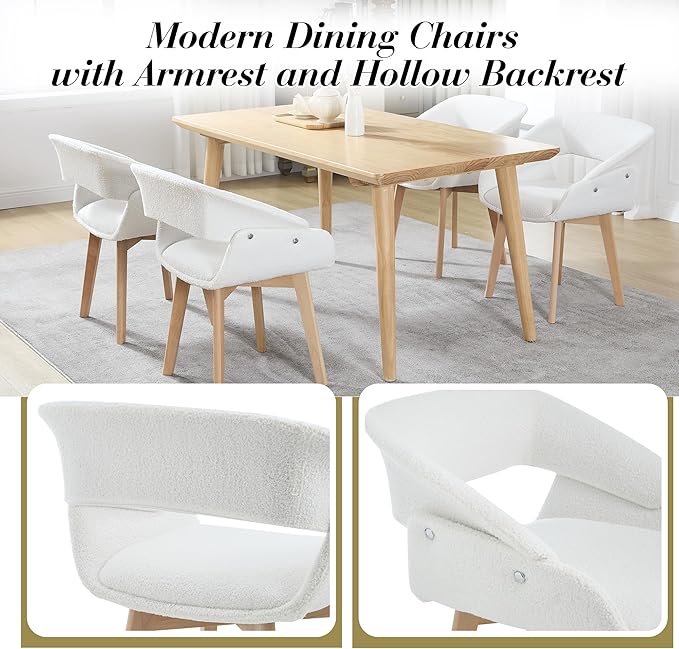 Home Office Desk Chair No Wheels Set of 6, Upholstered Boucle Modern Accent Side Armchair with Wood Legs Hollow-Out Back, for Vanity Living Dining Room Bedroom, Beige