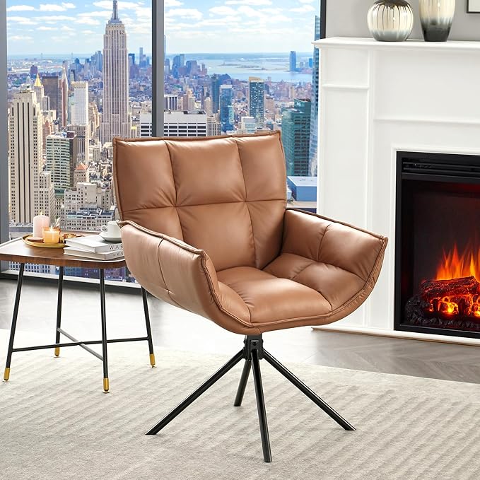 Desk Chair No Wheels, 360° Swivel Mid Century Modern Desk Chairs, Upholstered Faux Leather Swivel Accent Chair with Arms, Criss Cross Office Chair Without Wheels(Brown, x2)