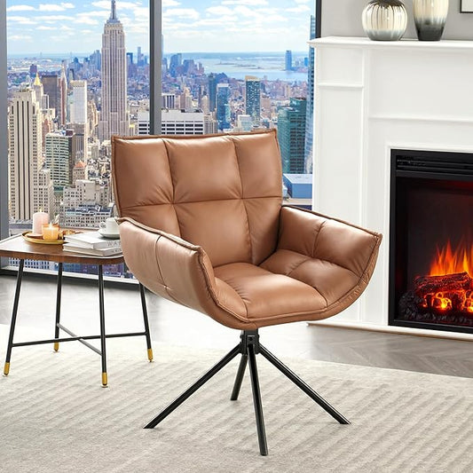 Desk Chair No Wheels, 360° Swivel Mid Century Modern Desk Chairs, Upholstered Faux Leather Swivel Accent Chair with Arms, Criss Cross Office Chair Without Wheels(Brown, x1)