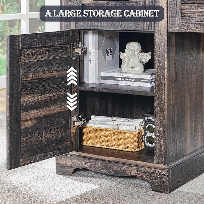 RedLemon 60" Farmhouse L Shaped Desk with Hutch, Wood Home Office Executive Desk with Drawer, Charging Station, File Drawer, Storage Cabinet, Rustic Writing Computer Desk (Dark Rustic Oak)