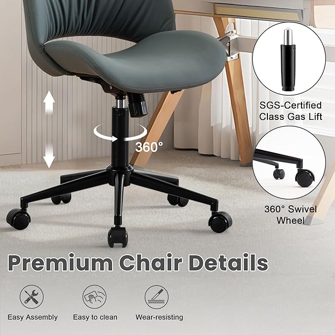 Rowill Armless Office Desk Chair, Ergonomic PU Leather Modern Task Chair with Back Adjustable Height, 360° Swivel Vanity Chairs with Wheels for Small Space, Home Office, Bedroom, Grayish Green