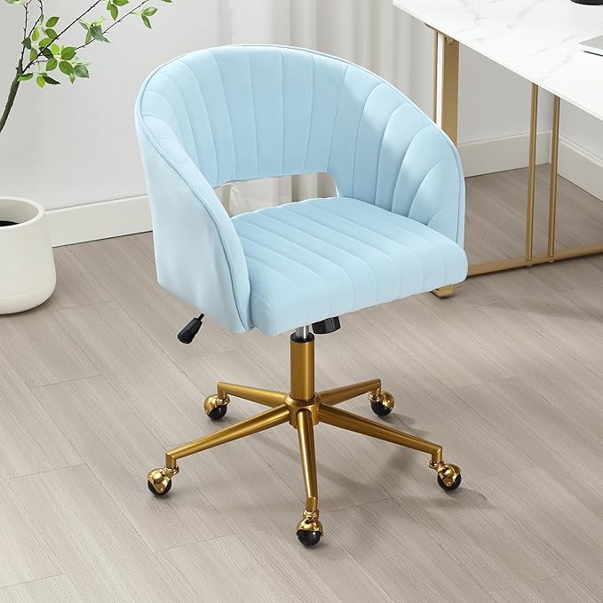 ABET Desk Chair with Wheels, Velvet Home Office Chair, Swivel Armchair Gold Base, Upholstered Modern Accent Chairs, Back Incline Adjustable for Living Room Bedroom Vanity, Light Blue