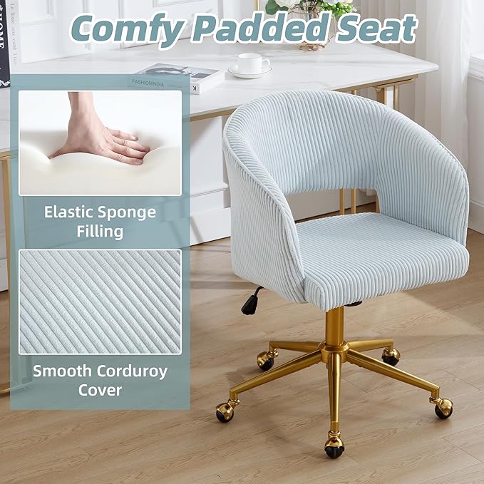 ABET Desk Chair with Wheels, Corduroy Home Office Chair, Swivel Armchair Gold Base, Upholstered Modern Accent Chairs, Back Incline Adjustable for Living Room Bedroom Vanity, Light Blue