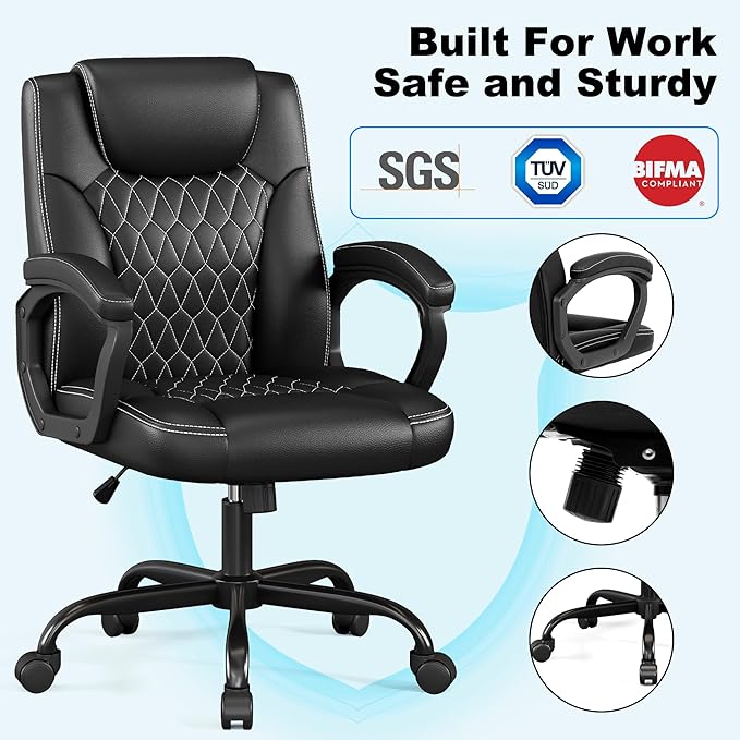 Misolant Office Chair, Executive Desk Chair, PU Leather Comfortable Executive Chairs with Fixed Armrest, Adjustable Height, Rocking Function, 360° Swivel Wheels, Black