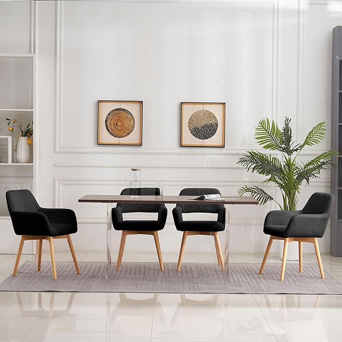 Mid Century Modern Dining Chairs Set of 4 & 2 & 6 Comfy Accent Chair Upholstered Kitchen Dining Living Room Chairs for Bedrooms Waiting Room Home Arm Desk Chair No Wheels (Wool Black, 4)