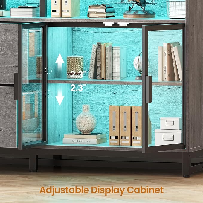 SEDETA 59" File Cabinet, 2 Drawers Filing Cabinets for Home Office fit Legal/Letter/A4 File, File Cabinet with Lock & Power Outlets, Printer Stand with Storage & LED Lights, Grey