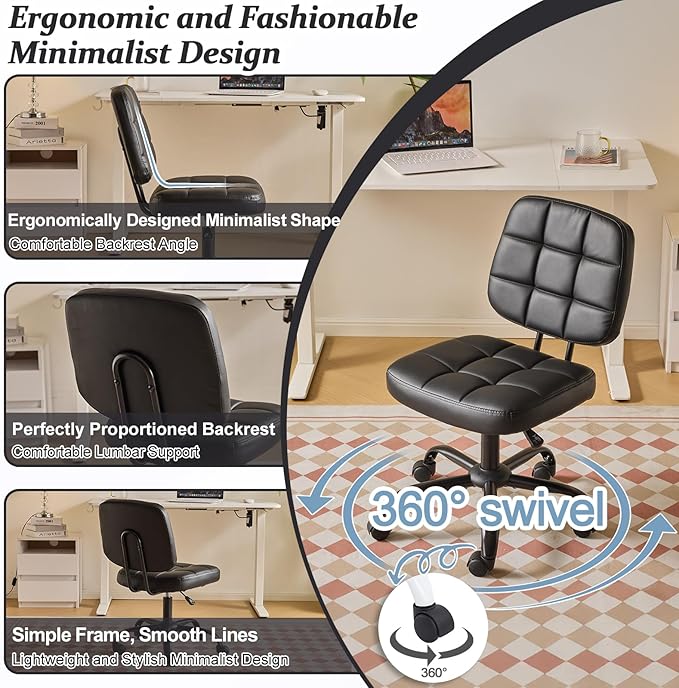 VINGLI Compact Small Desk Chair, Cute Armless Chair with Wheels, Vanity Chair with Low Back, Height Adjustable Task Chair for Small Spaces, Office, Bedroom, Make Up Room, PU Leather, Black