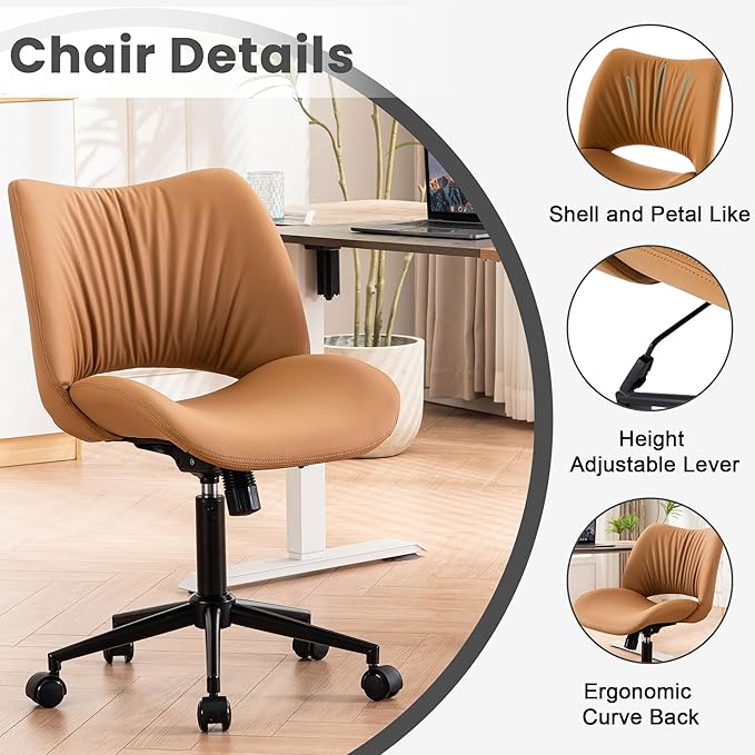 Rowill Armless Office Desk Chair, Ergonomic PU Leather Modern Task Chair with Back Adjustable Height, 360° Swivel Vanity Chairs with Wheels for Small Space, Home Office, Bedroom, Mustard Yellow