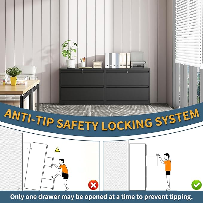 2 Drawer File Cabinet with Lock, Lateral Filing Cabinets,Metal Storage Filing Cabinets for Home Office, Heavy Duty File Cabinet for Letter/Legal/A4/F4 Size Amssebly Required, Black