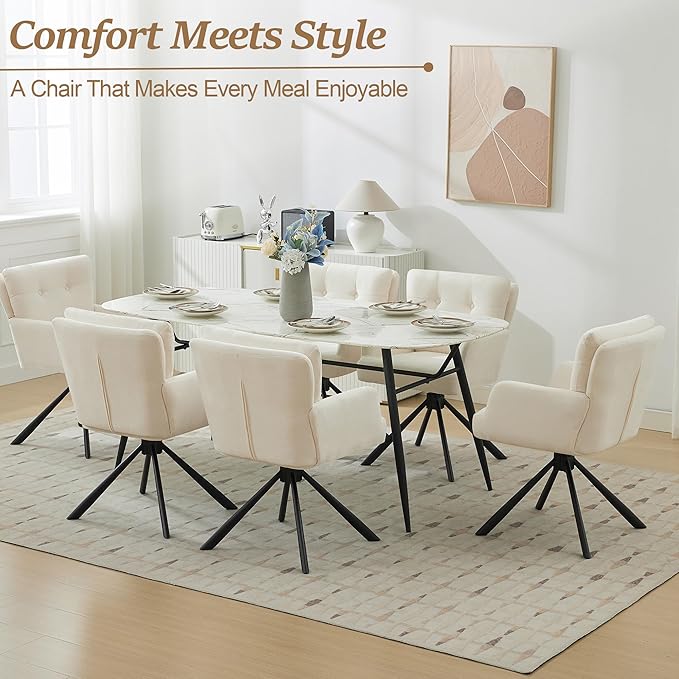 Fabric Dining Chair Set of 2 Modern Upholstered Swivel Dining Room Chairs Comfy Accent Armchair with Mid Back, Desk Arm Chair No Wheels for Kitchen/Living Room/Dining Room, White