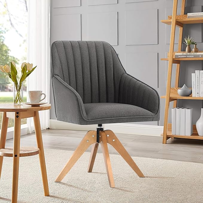 Furniliving Mid Century Modern Accent Chair Set of 2, 36.8 Inch Upholstered Swivel Chair for Living Room with Arms Home Office Desk Chair for Bedroom Wood Legs Computer Task Chair No Wheels, Darkgrey