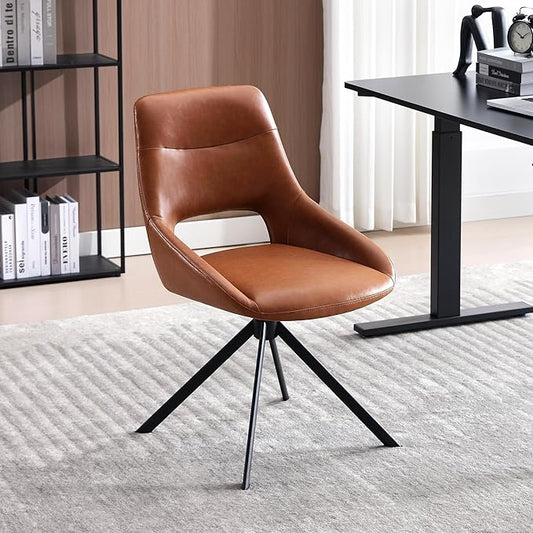 Mid Century Modern Desk Chair No Wheels Set of 1, Faux Leather Swivel Dining Chair with Metal Legs, Swivel Accent Chair Armchair for Small Spaces, Home Office, Living Room, Bedroom, Browm