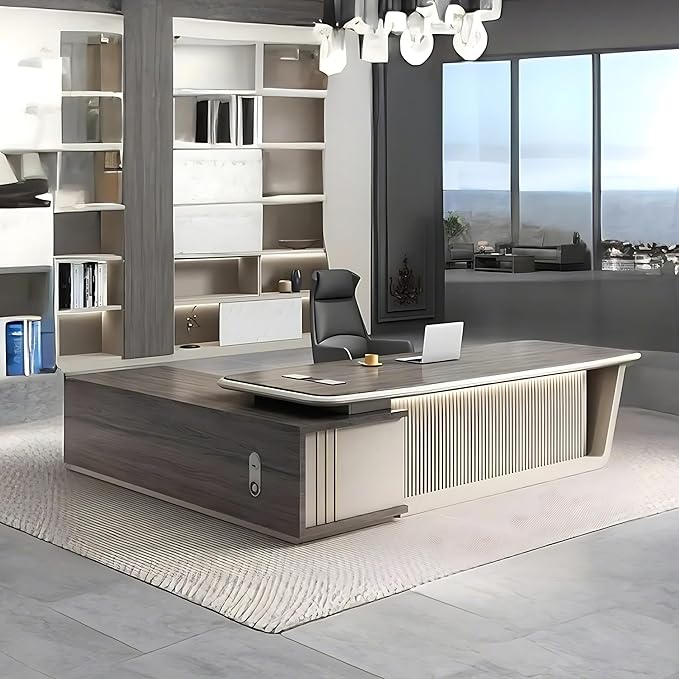 86IN Executive Office Desk - Executive Desk with 2 Drawers & Open Storage Space & Computer Host Position | Supporting Slant Leg & Decorative LED Light Strip, Fence Baffle Design