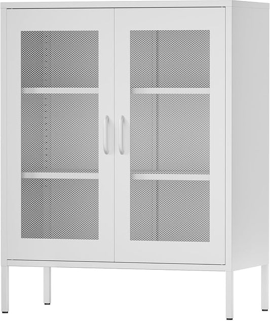 White Metal Storage Cabinet with Mesh Doors, Small Office Storage Cabinet with 2 Adjustable Shelves, Accent Metal Locker Storage Cabinet for Home, Office, Living Room, Hallway