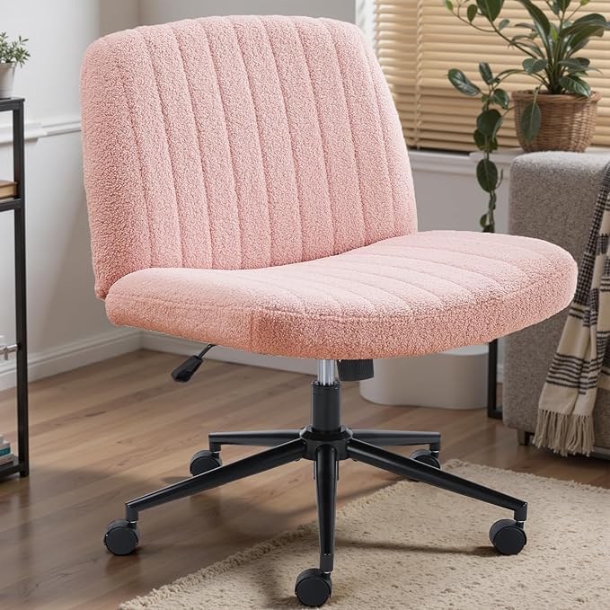 DUMOS Criss Cross Chair with Wheels, Wide Cross Legged Office Desk Vanity Chairs, Armless Adjustable Swivel Chairs for Home Computer Task, Teddy Pink