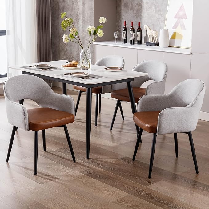 DUOMAY Modern Swivel Dining Chairs Set of 4, Linen & Faux Leather Upholstered Accent Side Chair, Home Office Desk Chair with No Wheels for Dining Room Living Room Office, Light Grey