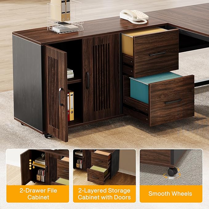 Tribesigns 63-Inch L-Shaped Executive Desk with Mobile File Cabinet, Large Office Computer Desk, Business Furniture Table with Drawers and Storage Shelves for Home Office, Dark Walnut & Black