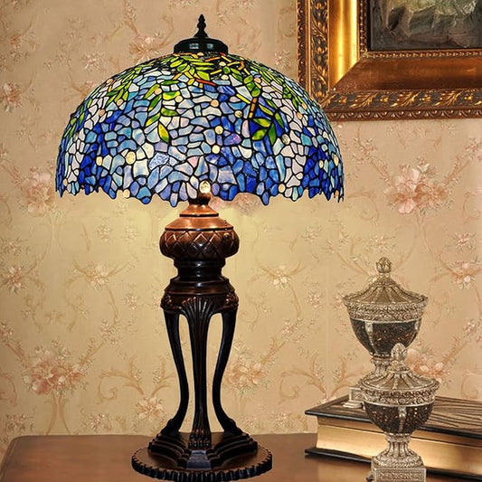 Tiffany Lamp Table Lamp Rose Dragonfly Tulip Wisteria Grape Peach Kapok Peony Apple Flower Design Stained Glass Lampshade Desk Lamp for Girl Living Room Iron Base W20 XH32,Wisteria