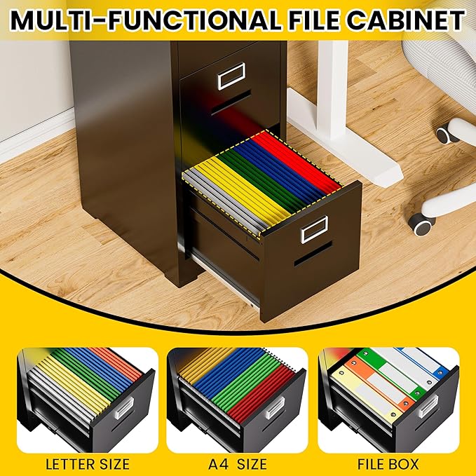 Vertical File Cabinet with 3 Drawers and 1 Door, Metal Filing Cabinet for Home Office, Lockable File Cabinets with Keys for Legal/Letter Size Hanging File Folders, Assembly Required, Black