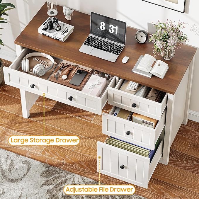 Vabches Farmhouse Executive Desk with Drawers, Home Office Desk with Storage Cabinet and File Drawer, Wood Computer Desk with Storage, Rustic Office Desk for Work Study Writing, Brown White