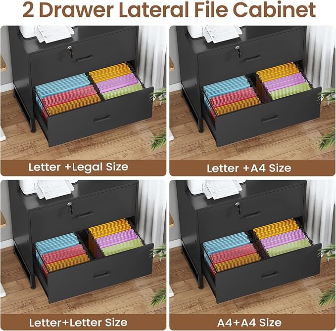 SEDETA 2 Drawer File Cabinet with Lock & Charging Station, Filing Cabinet Fits Letter, Legal, A4 Size, Wood File Cabinets for Home Office with Bookshelf, Printer Stand with Storage Shelf, Black