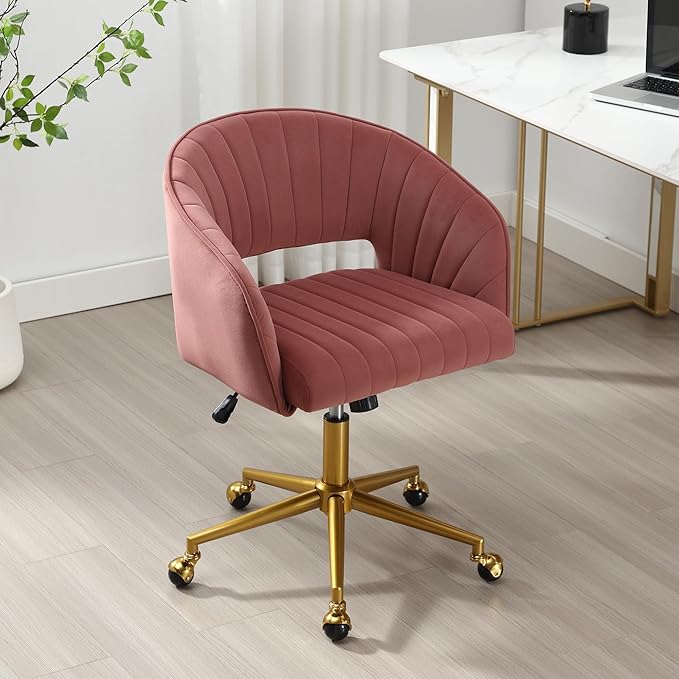 ABET Desk Chair with Wheels, Velvet Home Office Chair, Swivel Armchair Gold Base, Upholstered Modern Accent Chairs, Back Incline Adjustable for Living Room Bedroom Vanity, Bean Paste Red