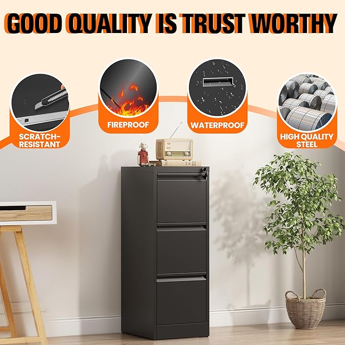 3-Drawer Locking Vertical File Cabinet, Metal Storage Cabinet for Office/Home – Secure Vertical Filing for Letter/Legal/A4/F4 Documents, Easy to Assemble Steel Cabinet, Black (Black, 3 Drawer-40"H)
