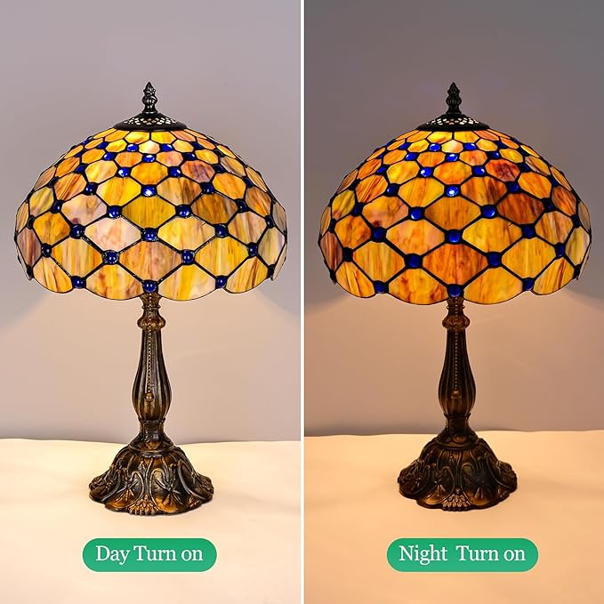 Tiffany Lamp Vintage Gradient Green Stained Glass Bead Table Lamp Desk Bedside Reading Light Decor Bedroom Living Room Home Office D12*H18 Inches (Gradient Green)