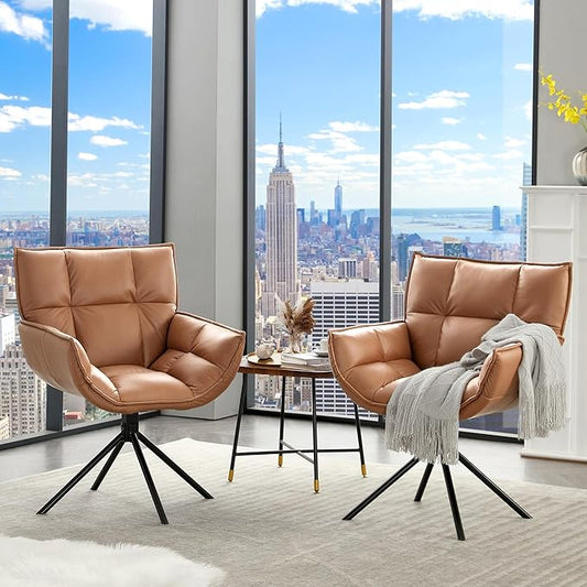 Desk Chair No Wheels, 360° Swivel Mid Century Modern Desk Chairs, Upholstered Faux Leather Swivel Accent Chair with Arms, Criss Cross Office Chair Without Wheels(Brown, x2)