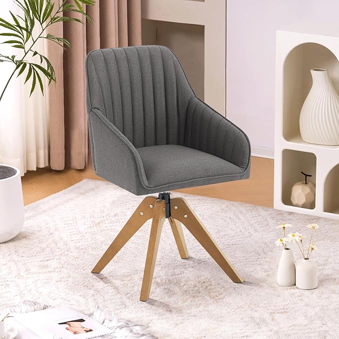 Furniliving Mid Century Modern Accent Chair Set of 2, 36.8 Inch Upholstered Swivel Chair for Living Room with Arms Home Office Desk Chair for Bedroom Wood Legs Computer Task Chair No Wheels, Darkgrey