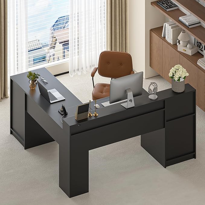 63" Farmhouse L Shaped Desk with Drawers & Storage Shelf, Corner Computer Desk with Power Outlets for Home Office, Executive Desk with Monitor Stand, Printer Shelf, Black