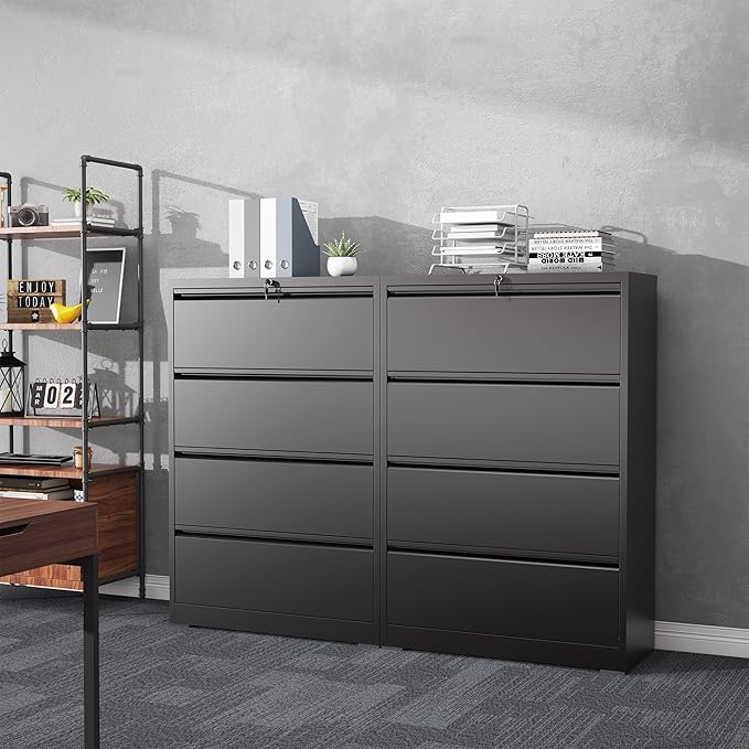 4 Drawer File Cabinet with Lock, Lateral Filing Cabinets,Metal Storage Filing Cabinets for Home Office, Heavy Duty File Cabinet for Letter/Legal/A4/F4 Size Amssebly Required, Black