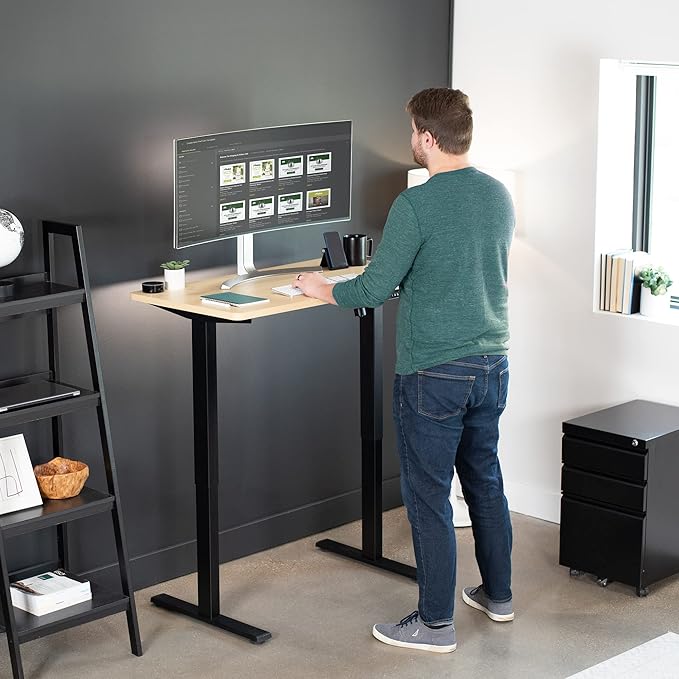 VIVO Electric 43 x 24 in Standing Desk, Memory Height Adjustment, 1B Series, One-Piece Light Wood Top, Black Frame, DESK-KIT-1B4C