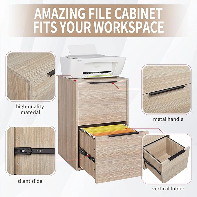 LUCYPAL 2 Drawer File Cabinet,Wood Filing Cabinet for Letter Size File Folders,Vertical Filing Cabinet with Hanging Bars for Home Office,Beige,15.75" D x 15.17" W x 24.01" H