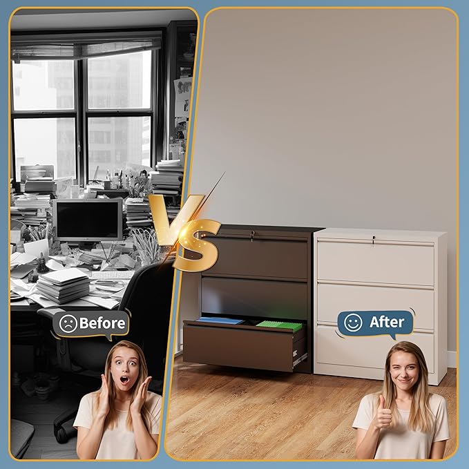 3 Drawer File Cabinet with Lock, Lateral Filing Cabinets,Metal Storage Filing Cabinets for Home Office, Heavy Duty File Cabinet for Letter/Legal/A4/F4 Size Amssebly Required, White