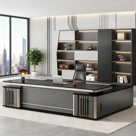 Modern Executive Desk, L Shaped Executive Office Desk with Drawers, Manufactured Wood Computer with Storage Aluminum Alloy Inlaid Curved Surface, Management Working Table (E - Left, L 180cm/70.8in)