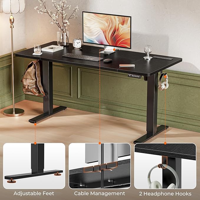 Huuger 55 x 28 Large Electric Standing Desk with 4 AC Outlets, Type-C Port, Height Adjustable Computer Desk, 27.6" Deep Desktop, Stand up Gaming Office Desk, 3 Preset Heights, for Home Office, Black