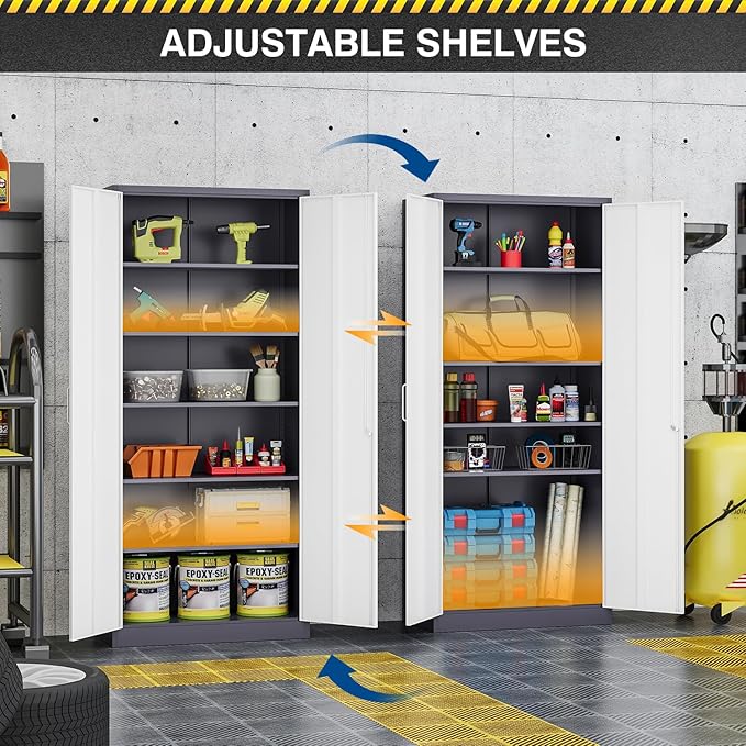 Metal 71' TallFile Cabinet with 5 Adjustable Shelves, Lockable Doors - Gray&White Steel Storage Cabinets for Home, School, Office, Garage
