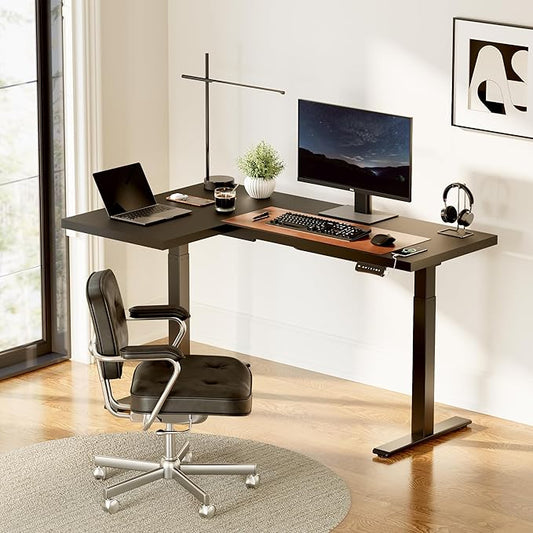 SANODESK 63-Inch Large Dual Motor L-Shaped Electric Height Adjustable Standing Desk - Reversible Panel - Black Top/Black Frame - Ideal for Gaming, Home Office or Computer Workstation