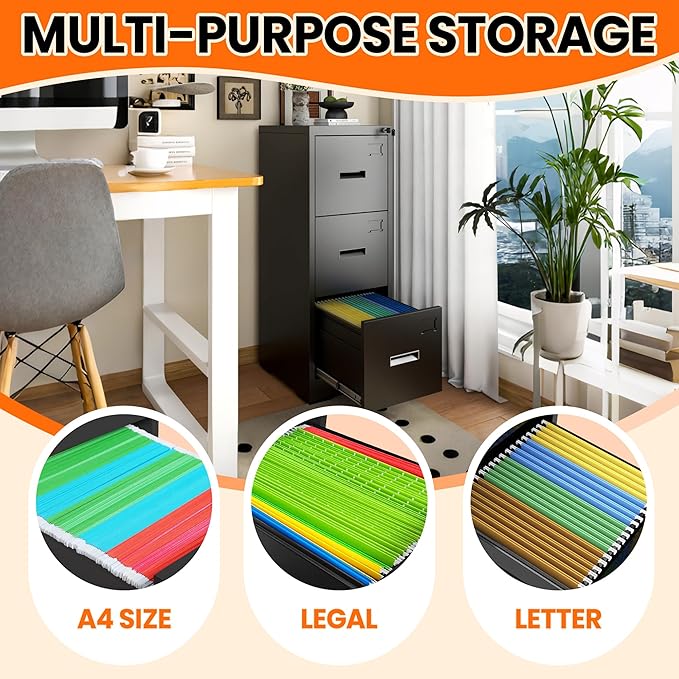 3-Drawer Locking Vertical File Cabinet, Metal Storage Cabinet for Office/Home – Secure Vertical Filing for Letter/Legal/A4/F4 Documents, Easy to Assemble Steel Cabinet, Black